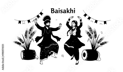 Happy Baisakhi festival vector with Punjabi dancers wheat harvest and traditional celebration elements
