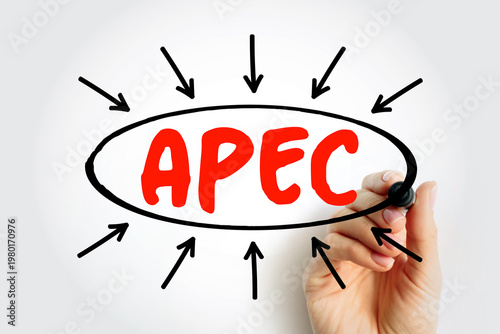 APEC acronym for Asia-Pacific Economic Cooperation, an intergovernmental forum for 21 member economies in the Pacific Rim, handwritten text on a whiteboard