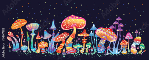 Colorful Psychedelic Mushrooms Fantasy Illustration on Dark Background