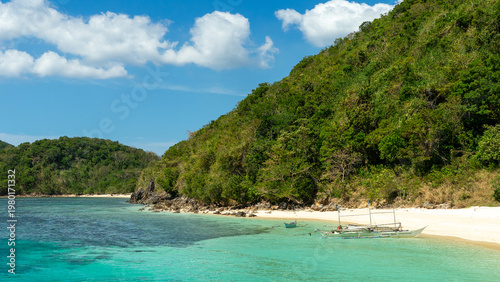 Obraz na płótnie Araw Beach beautiful landscape with white sand, pristine water and palms near Culion, Palawan, The Philippines