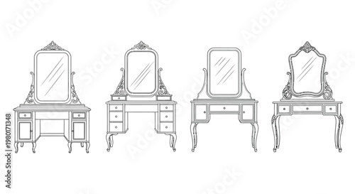 A collection of four ornate vintage style dressing tables with mirrors shown in a linear arrangement