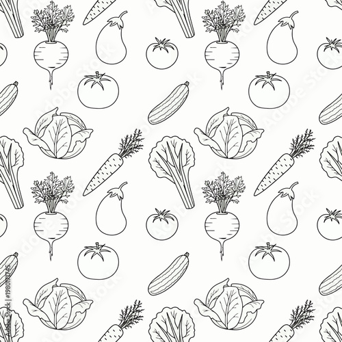  Patrón sin costuras con vegetales en estilo monocromático de líneas.
