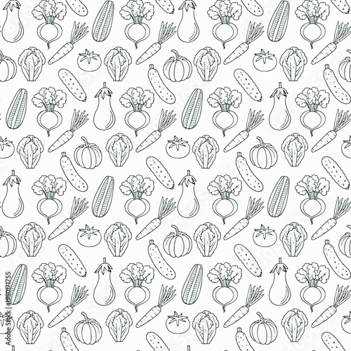  Patrón sin costuras con vegetales en estilo de contorno uniforme.
