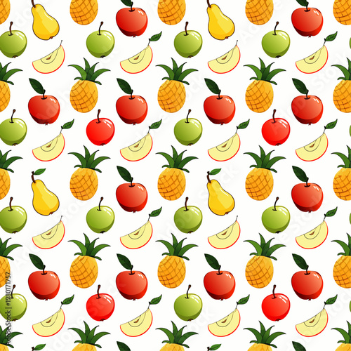  Patrón sin costuras con frutas coloridas como manzana, piña y sandía.
