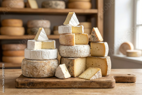 Assorted artisan cheeses stacked on a wooden board. Wheels and wedges display diverse textures and colors, showcasing the rich variety of artisanal cheese. 