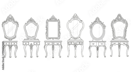 A collection of ornate vintage dressing mirrors with drawers displayed in a linear arrangement