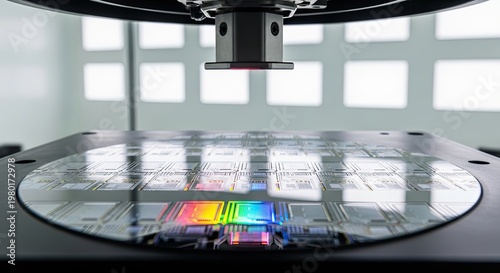 Close up of a semiconductor wafer under inspection in a laboratory