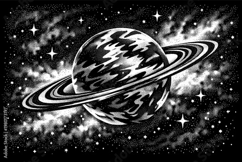 Vintage stipple art illustration of a ringed planet like Saturn in deep space with a bright nebula and stars. Retro halftone engraving style abstract celestial background for cosmic designs.