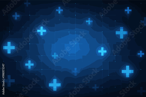 Abstract Healthcare and Medical Technology Background with Glowing Blue Plus Signs and Digital Grid Pattern, Ideal for Medtech Innovation, Science Research, and Modern Health Data Visualization