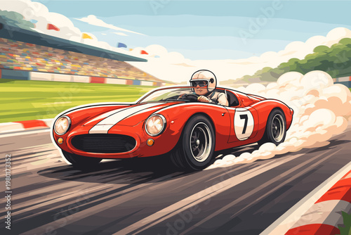 Dynamic flat vector illustration of a vintage red race car number 7 speeding on a professional track with motion lines, smoke clouds, driver in helmet, and a crowded grandstand in the background.