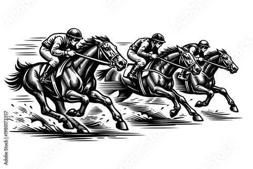 Dynamic Horse Racing Competition Illustration in Black and White Engraving Style Featuring Jockeys on Galloping Thoroughbreds During a High Speed Derby Race for Sports and Equestrian Vector Art