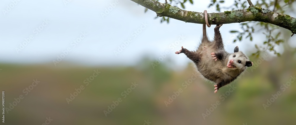 Fototapeta premium Three-toed sloth hanging upside down from tree branch in natural rainforest habitat displaying typical slow movement behavior in wildlife setting.