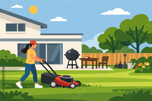 Woman Mowing Green Lawn in Modern Backyard Garden with Red Lawn Mower, Residential House Exterior, Barbecue Grill, Outdoor Furniture, Gardening Tools, Sunny Summer Day Landscape, Home Maintenance