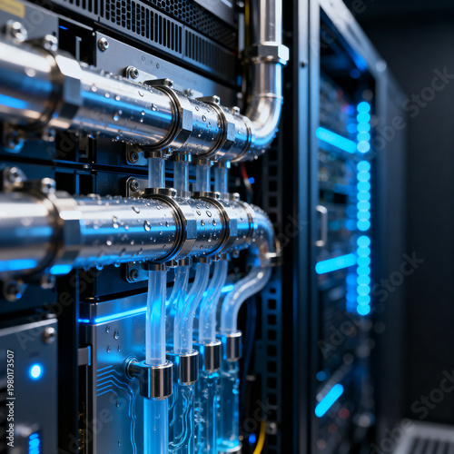 Liquid-cooled AI server rack close-up, data center thermal management