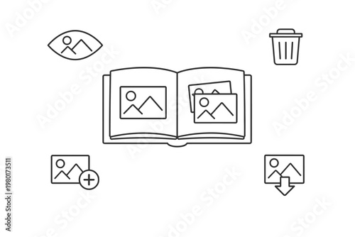 Thin line photo album and gallery icon set featuring minimalist vector illustrations for image management, including viewing, deleting, adding, and downloading photo placeholders for UI design.