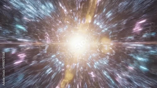 Abstract space travel through a colorful tunnel of light and stars.