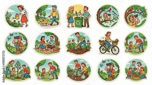 vector set of people enjoying outdoor activities and protecting the environment
