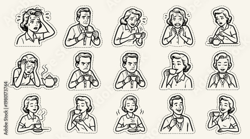 sticker set of diverse people expressing different emotions while drinking tea or coffee