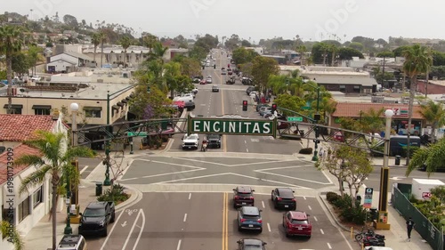 Aerial View of the Iconic Encinitas Sign Over Coast Highway 101 in Downtown Encinitas, California