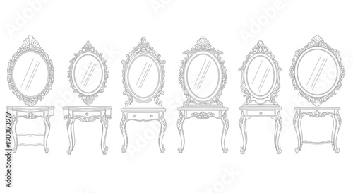 A collection of six ornate vintage dressing table mirrors with decorative frames and stands
