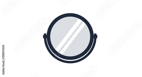 A minimalist illustration depicts a circular makeup mirror with a dark blue frame and reflective surface