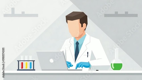 Scientist working on a laptop in a modern laboratory. Research and development in medicine or chemistry. Digital science, innovation, and educational technology concepts