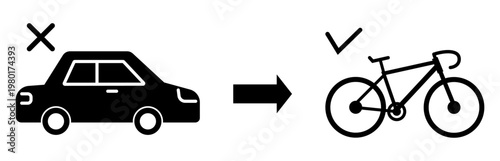  車から自転車へ切り替えるモノクロアイコン　エコ・脱炭素・CO2削減