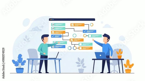 Business people managing tasks on a digital flowchart. Team collaboration and project planning concept. Modern flat animation for workflow optimization