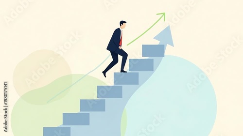 Ambitious businessman climbing steps towards success. Career path and professional development. Progress and growth in business. Animated illustration graphic