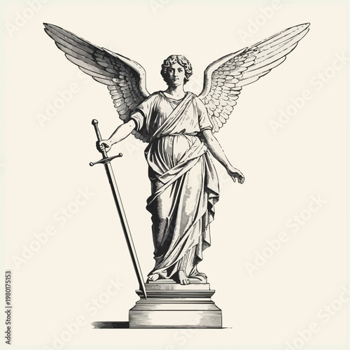 Majestic Guardian Angel Statue Holding a Sword Illustration