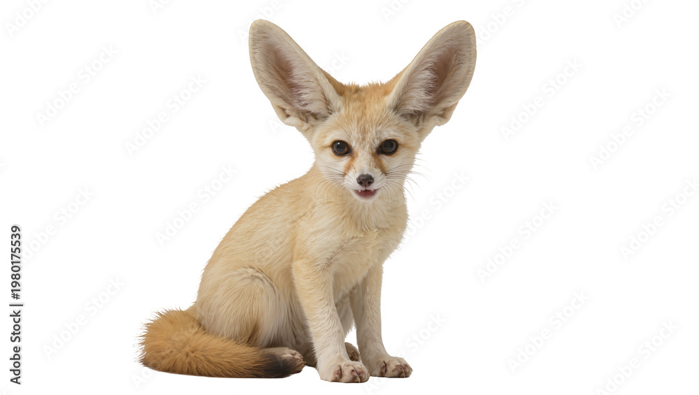 Obraz premium Isolated cute baby fennec fox sitting and looking forward with its characteristic big ears