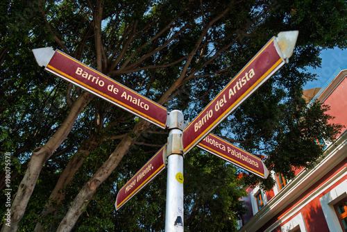 Colorful directional signs pointing to Barrio de Analco, Barrio del Artista, Living Museum and Palafoxiana Library against lush green trees and colonial facade in historic downtown Puebla, Mexico