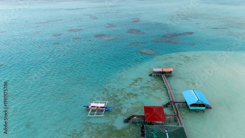 Drone Aerial View of Onok Island, Balabac, Philippines. Tropical Beach, Clear Water, Coral Reefs and Turtles.