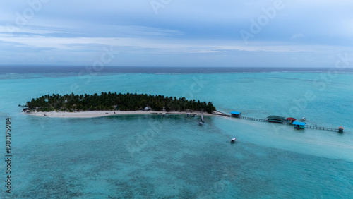Drone Aerial View of Onok Island, Balabac, Philippines. Tropical Beach, Clear Water, Coral Reefs and Turtles.