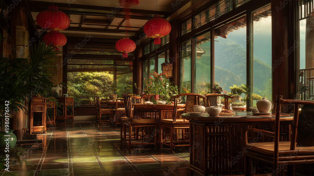 Fototapeta premium Cozy restaurant interior with wooden tables chairs and elegant dining space design