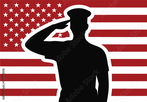 Silhouette of a soldier saluting in front of the american flag