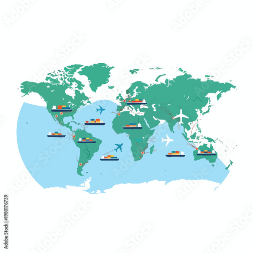 World Map Illustration Featuring Shipping Routes and Cargo Ships