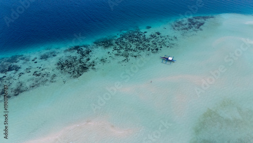 Drone aerial view of the Mangalangan Sandbar in Balabac in the Philippines. 