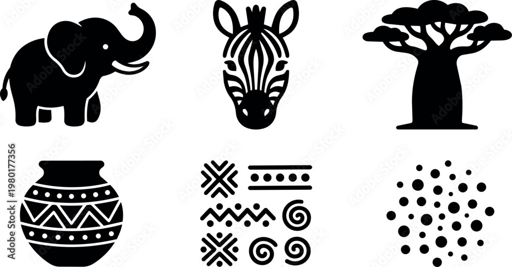 Fototapeta premium Black silhouette elephant zebra baobab tree african pottery tribal patterns dots vector art