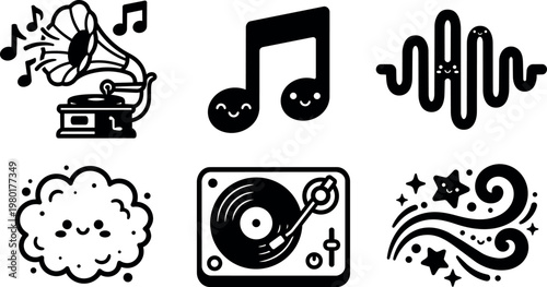 Cute happy music notes cloud turntable and gramophone vector icons