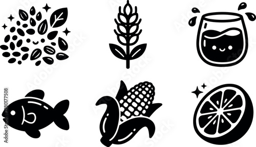 Black and white kawaii food icons with corn fish grain orange and juice glass