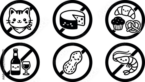 Black and white icons of no cat no cheese no baked goods no alcohol no peanut no shrimp allowed vector art