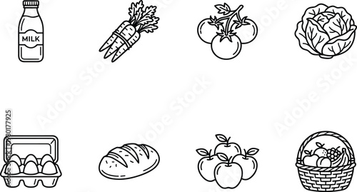 A collection of fresh grocery items on a white background