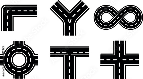 Black and white road junction icons with corner y split loop roundabout and crossroads