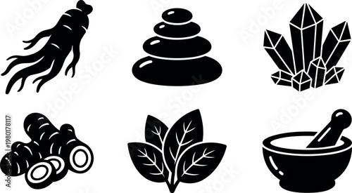 Black and white vector icons of ginseng root stacking stones crystals turmeric leaves and mortar