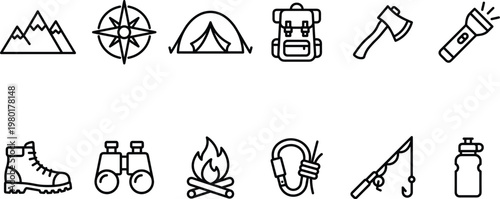 A collection of outdoor adventure icons for camping and hiking enthusiasts