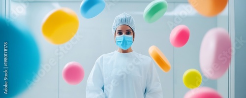 Masked female scientist in sterile lab coat, front-facing, amidst a dynamic swirl of colorful, floating pills. Concept of pharmaceutical innovation and medical advancement. Medicine,