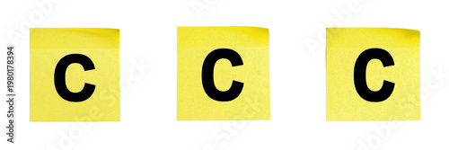 Yellow Sticky Note Letter C Alphabet Set Isolated on White Background, Three Square Adhesive Memo Papers with Black Bold Capital Letter for Office Reminders and Educational Message Design