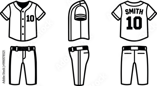 Black and white baseball uniform set with number ten and name smith flat vector art