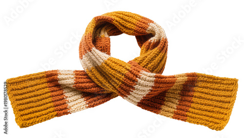 Obraz na płótnie Isolated striped knitted scarf in warm orange, yellow, and cream, a cozy winter